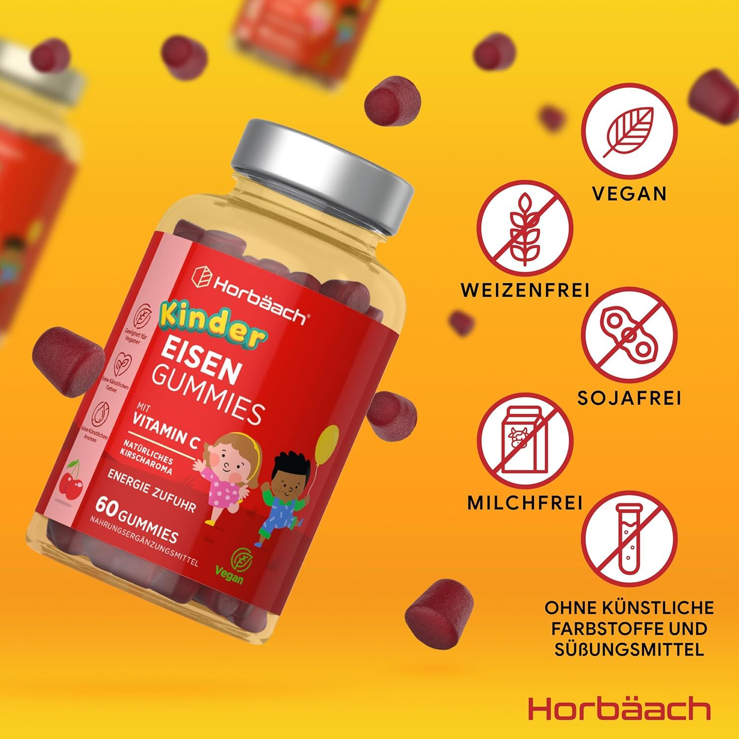Barattolo di caramelle gommose "Kinder Eisen Gummies". Contiene 60 caramelle. Testo "Vitamin C". Vegano.