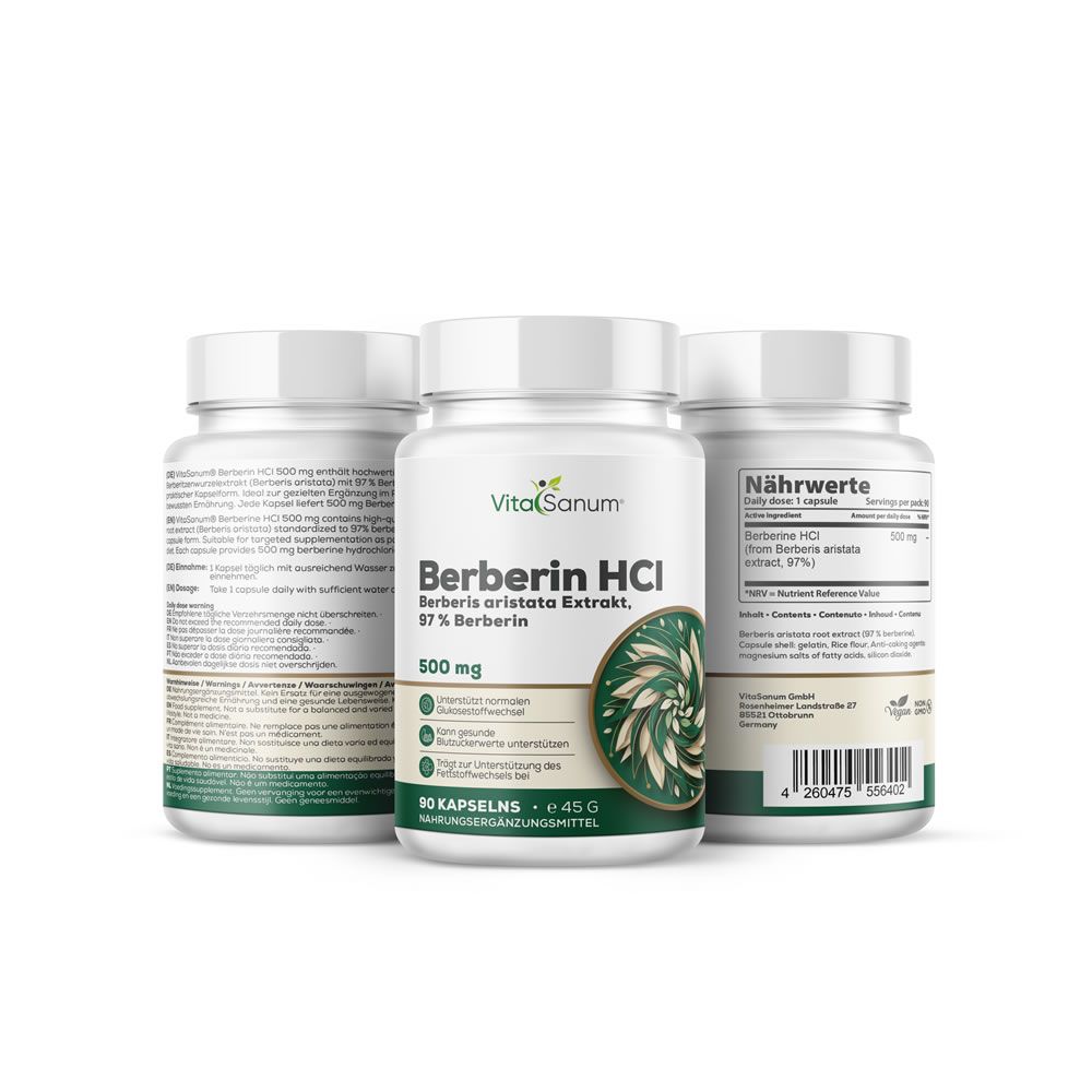 Tre flaconi bianchi VitaSanum® Berberin HCL. Scritta: Berberin HCL, 97% Berberina, 500 mg. 90 capsule. Etichette verdi e bianche.