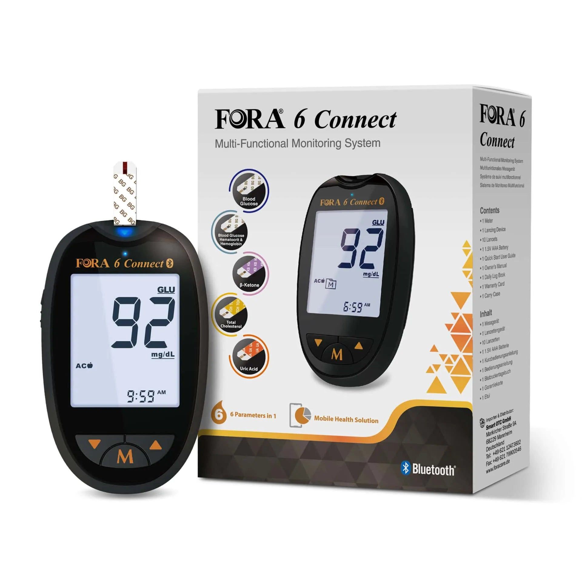 Glucometro FORA 6 Connect e 25 strisce reattive confezionate singolarmente.