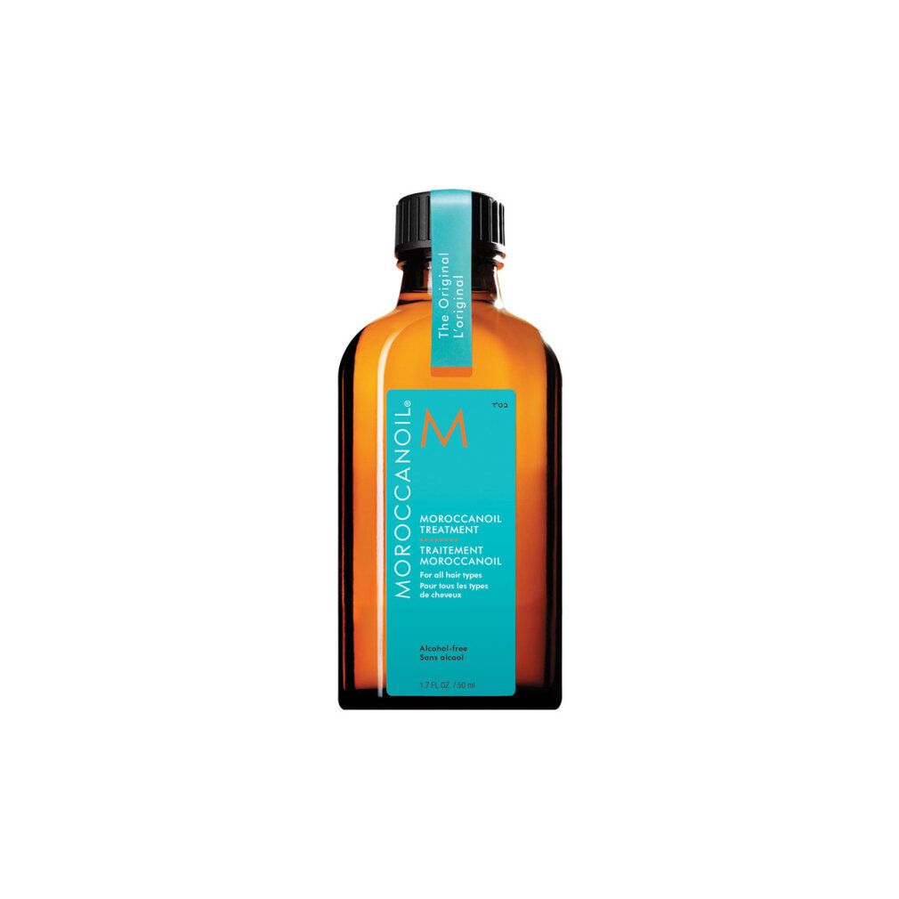 Flacone in vetro marrone con etichetta turchese. Scritta: Moroccanoil Treatment. Logo 'M'.