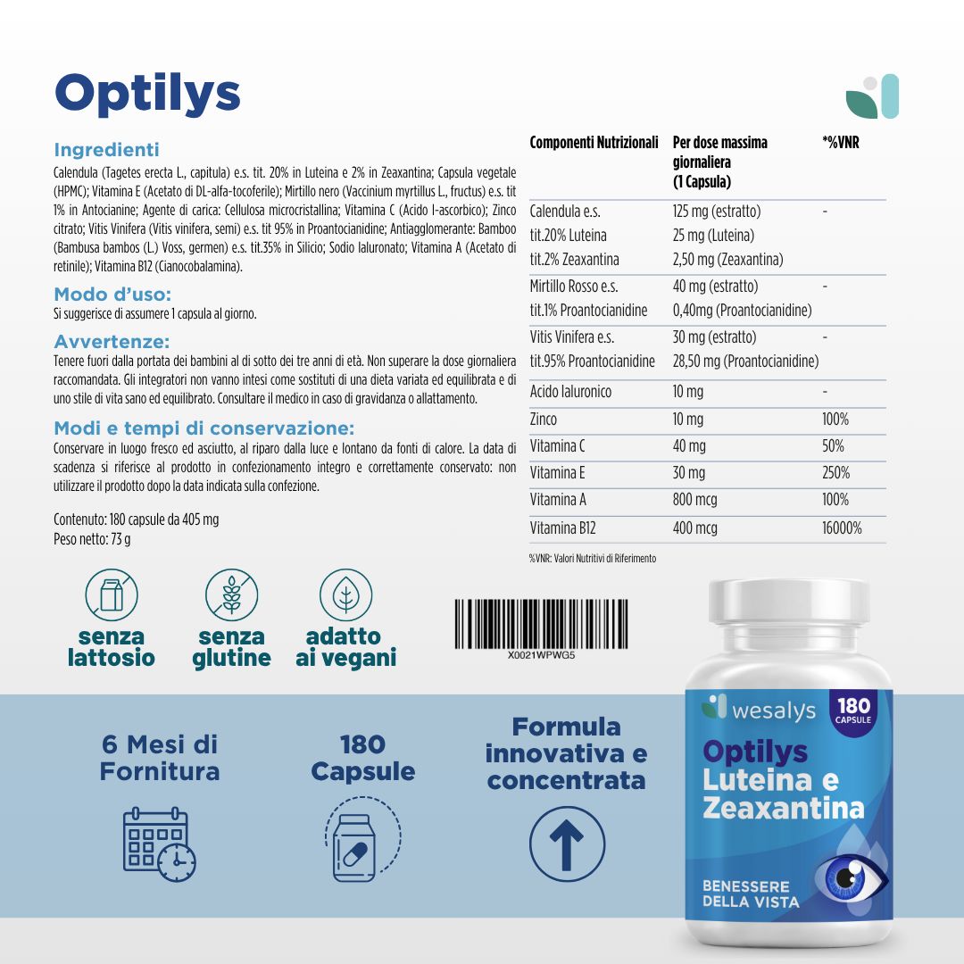 Flacone Optilys Luteina e Zeaxantina. Testo: Ingredienti, informazioni nutrizionali, senza lattosio, senza glutine, per vegani. 180 capsule.