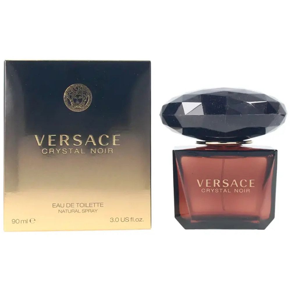 Versace Crystal Noir Eau de Toilette. Flacone con tappo nero sfaccettato e confezione con logo.