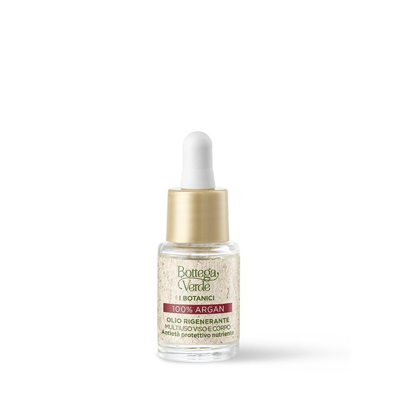 Flacone Bottega Verde I Botanici, olio 100% Argan. Bottiglia in vetro con tappo dorato e contagocce. Etichetta rossa.