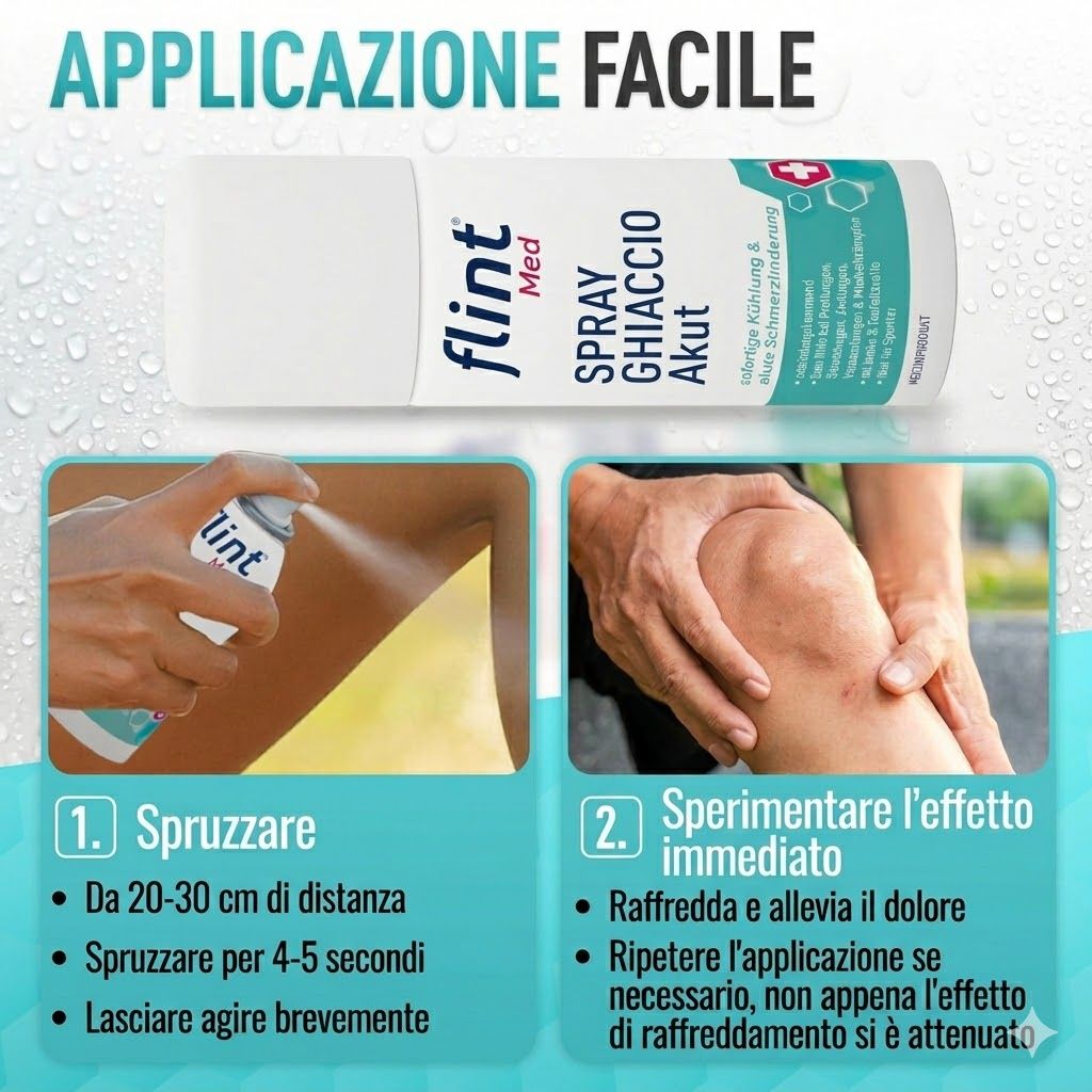 Applicazione: spruzzare lo spray, spruzzare per 4-5 secondi, lasciare agire brevemente. Ginocchio con spray. Testo: Raffredda e allevia il dolore.