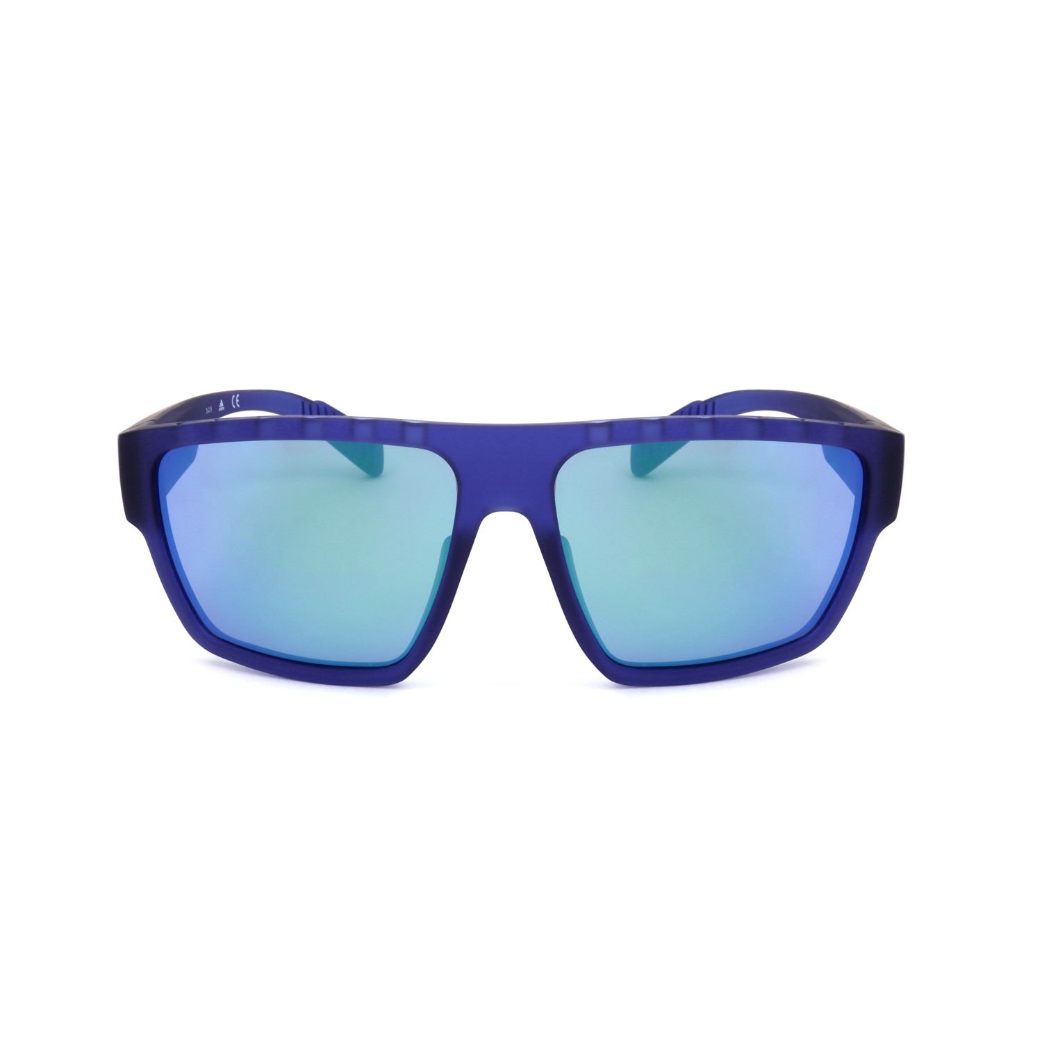 Occhiali da sole blu scuro con lenti rettangolari a specchio.