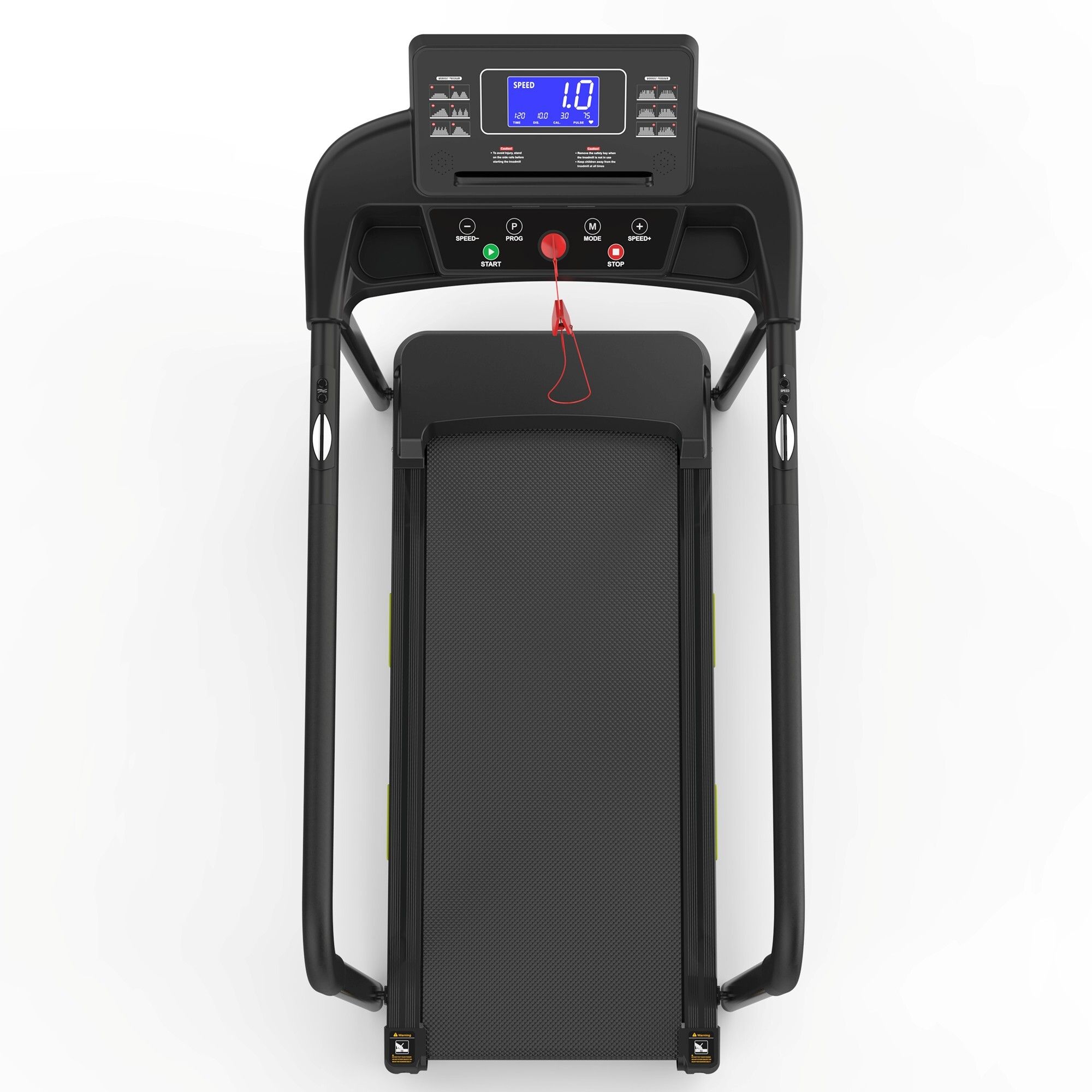 Tapis roulant nero con corrimano lungo. Ampio display LCD. Vista dall'alto. Per anziani. Pulsante di arresto rosso.