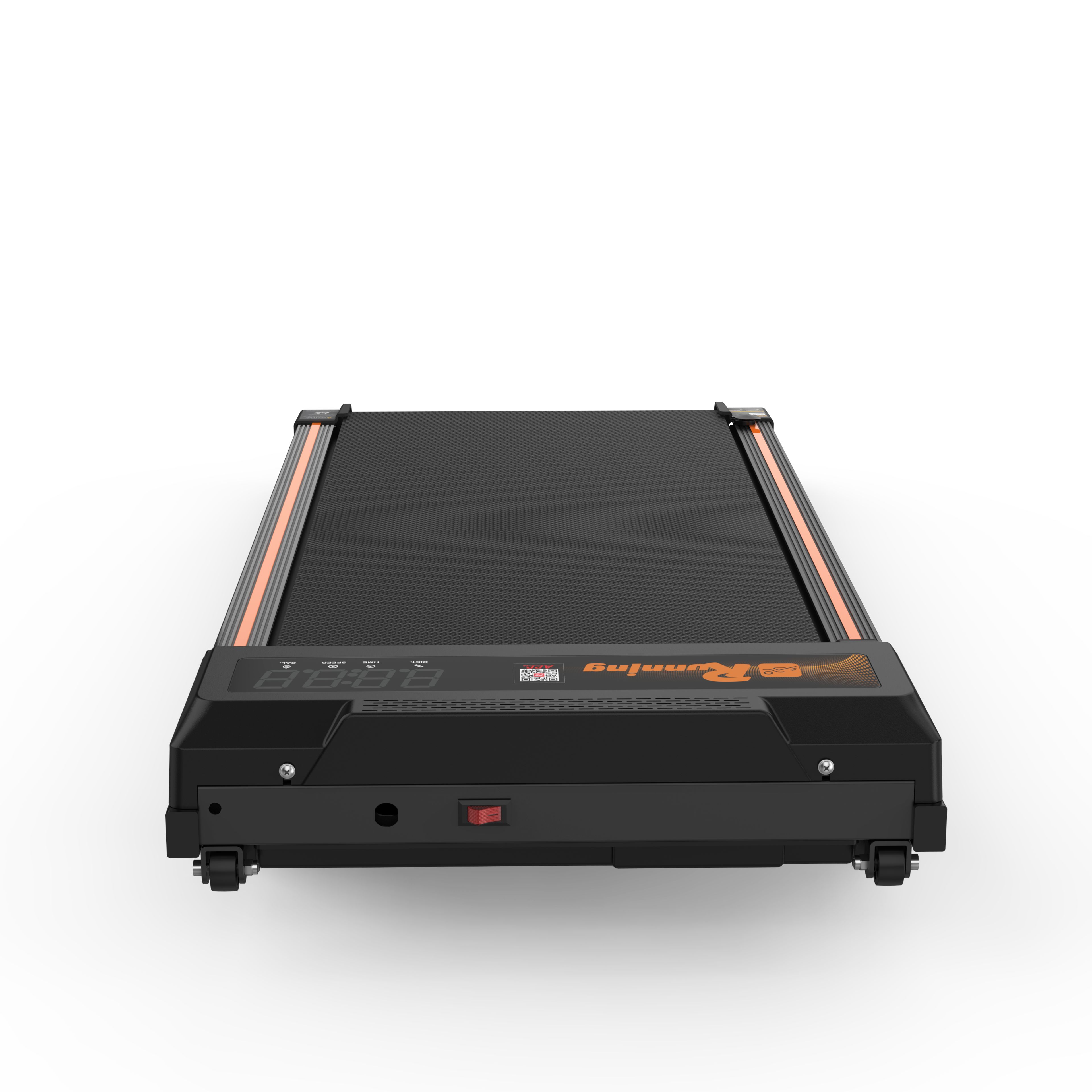 Tapis roulant nero con dettagli arancioni. Display LED e ruote. Vista frontale.