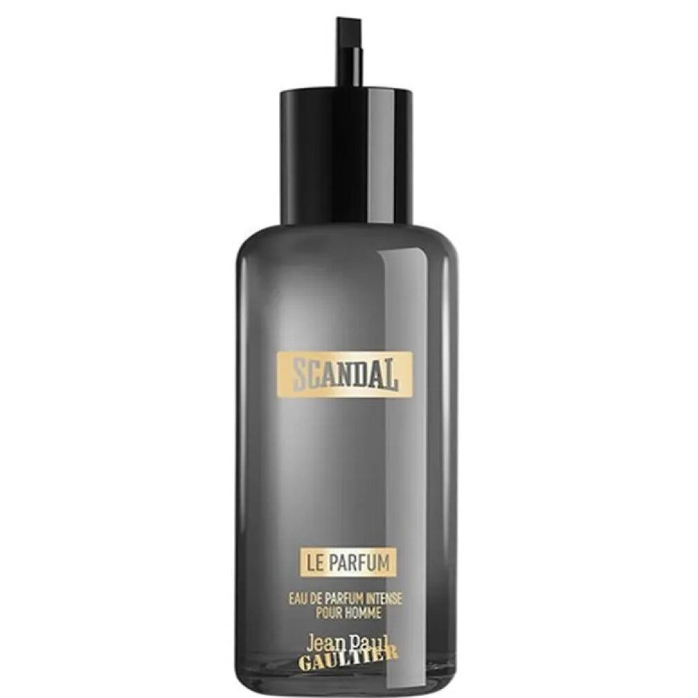 Flacone di profumo grigio con tappo nero. Scritta: Scandal Le Parfum, Jean Paul Gaultier. Eau de Parfum Intense Pour Homme.