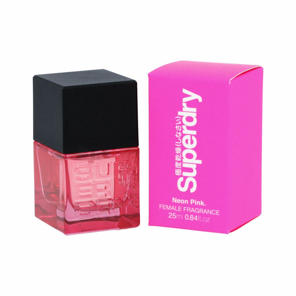 Eau de Cologne Superdry Neon Pink. Flacone rosa con tappo nero e confezione rosa con testo bianco.