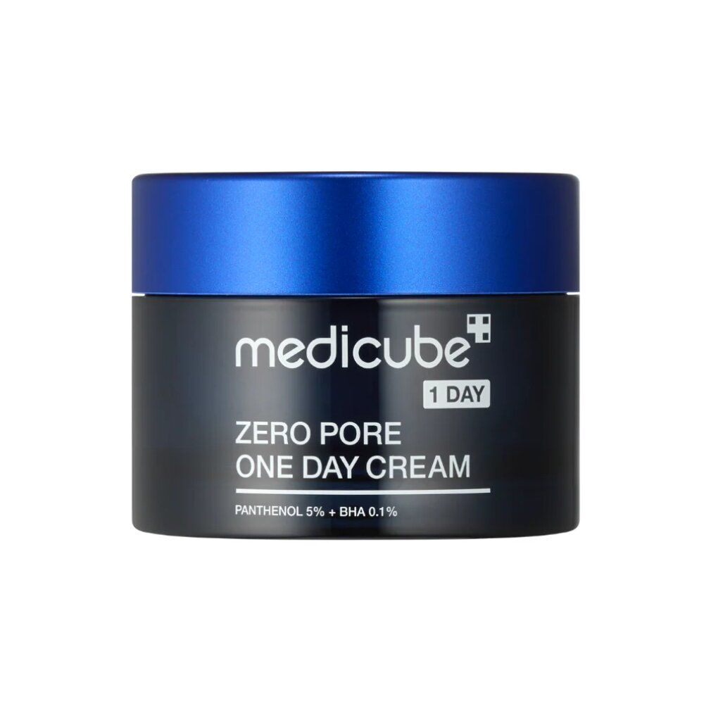 Medicube Zero Pore One Day Cream in vaso nero con tappo blu. Contiene pantenolo e BHA.