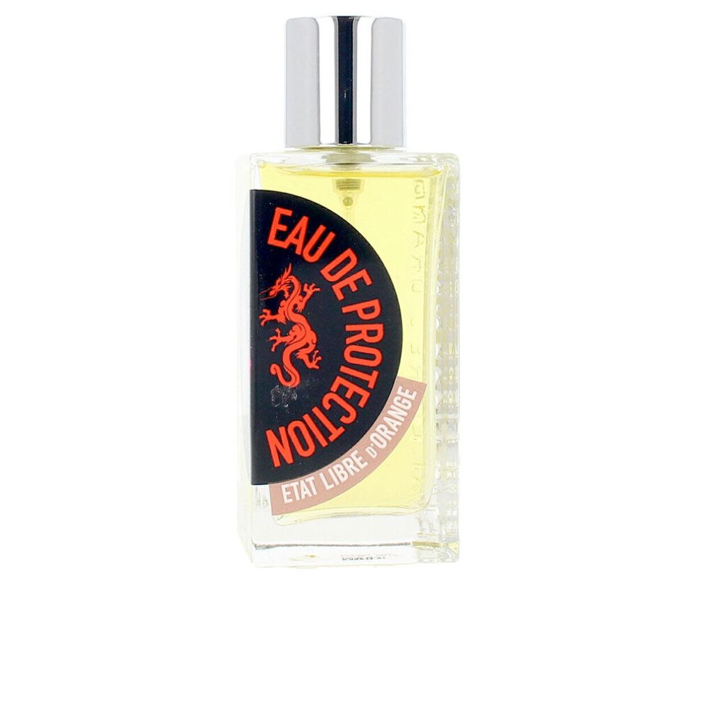 Flacone con tappo argentato. Scritta: Eau de Protection, Etat Libre d'Orange. Etichetta nera con logo rosso.