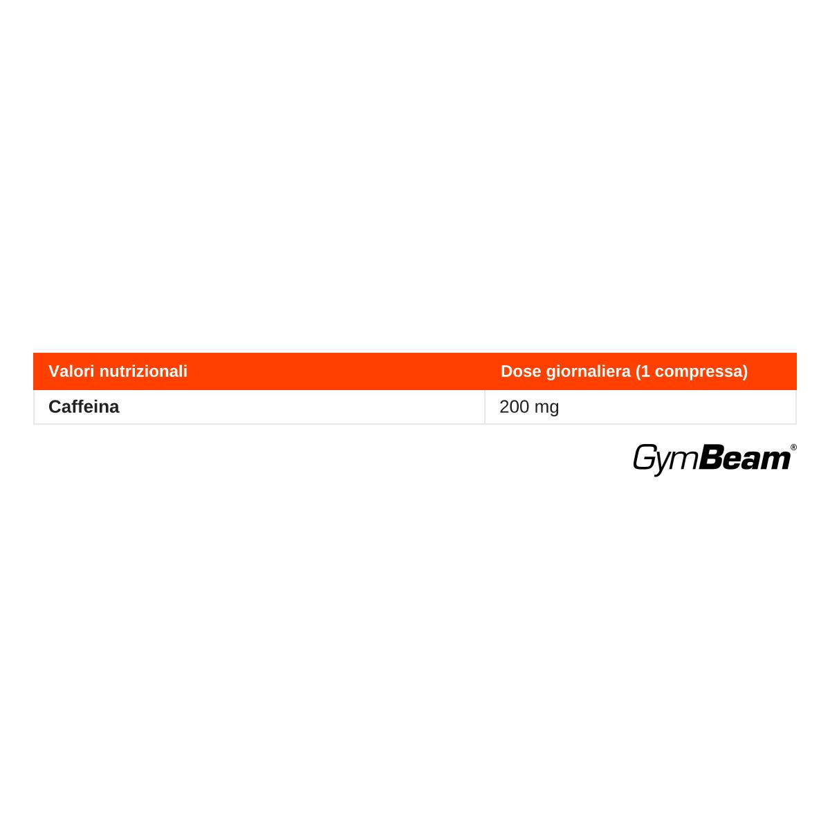 Informazioni nutrizionali: 200mg di caffeina per compressa, GymBeam.