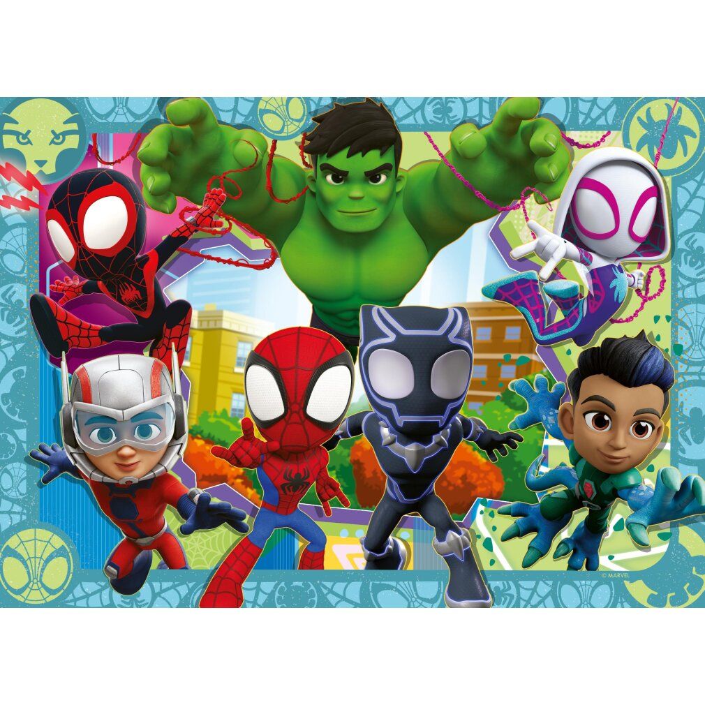 Puzzle con personaggi Spidey. Hulk, Miles Morales, Spiderman, Gwen Stacy e altri. Edifici sullo sfondo. Cornice a ragnatela.