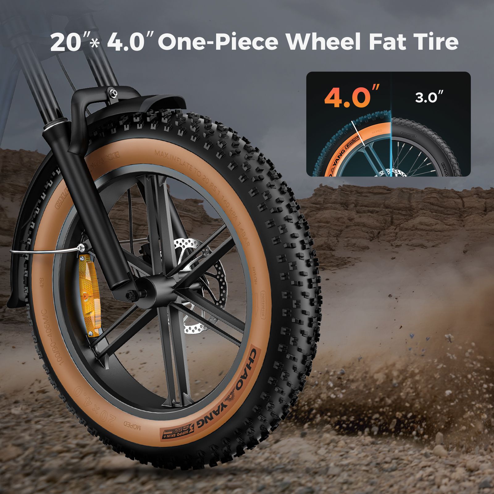 Primo piano dello pneumatico. Testo: 20*4.0 One-Piece Wheel Fat Tire. Marca pneumatico: Chao Yang. Larghezza: 4.0 pollici.