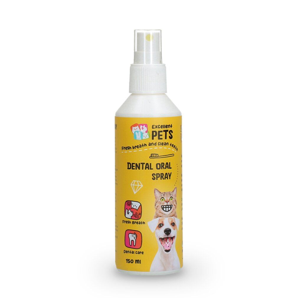 Flacone spray giallo con erogatore. Scritta: Dental Oral Spray. Logo animale. 150 ml.