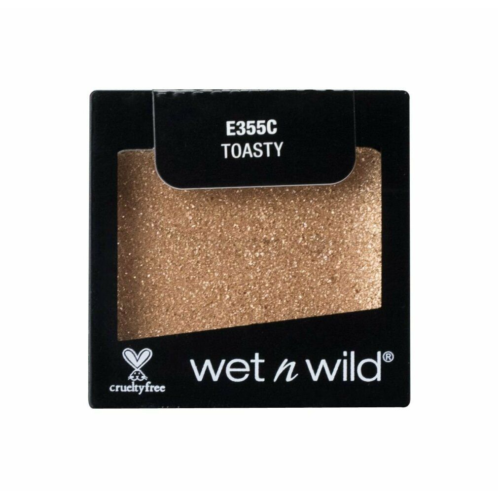 Contenitore nero con ombretto dorato. In alto, "E355C TOASTY". In basso, "wet n wild" e logo Cruelty-Free.