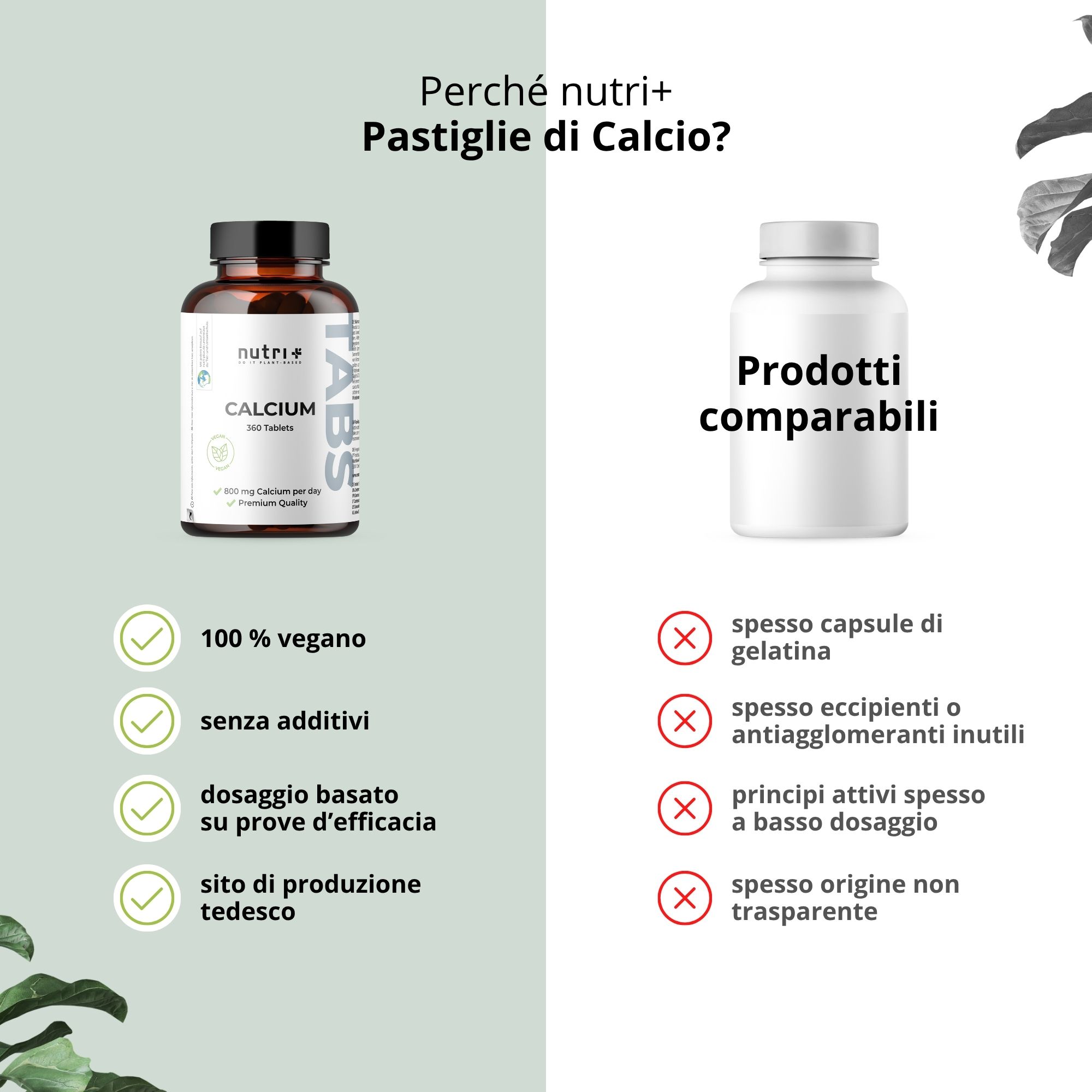 Confronto tra le compresse di calcio nutri+ e altri prodotti. Vantaggi: 100% vegano, senza additivi, dosaggio basato sull'evidenza, sito di produzione tedesco.