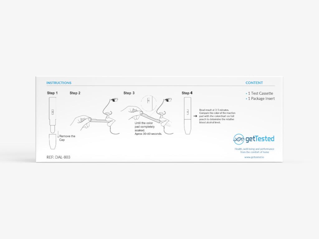 Confezione con illustrazioni e istruzioni. Contiene cassetta di test e foglietto illustrativo. Scritta: getTested.