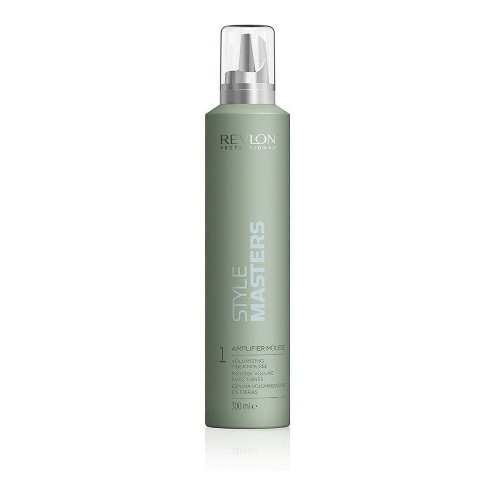 Flacone verde con erogatore. Scritte: Revlon Professional, Style Masters, Amplifier Mousse. Volume: 300ml.