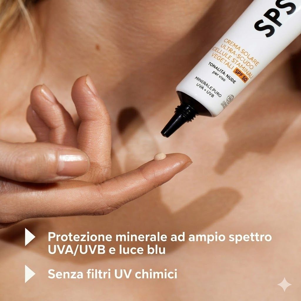 Tubo di crema solare SPF 50, con prodotto sul dito. Testo: Protezione minerale ad ampio spettro, UVA/UVB e luce blu.