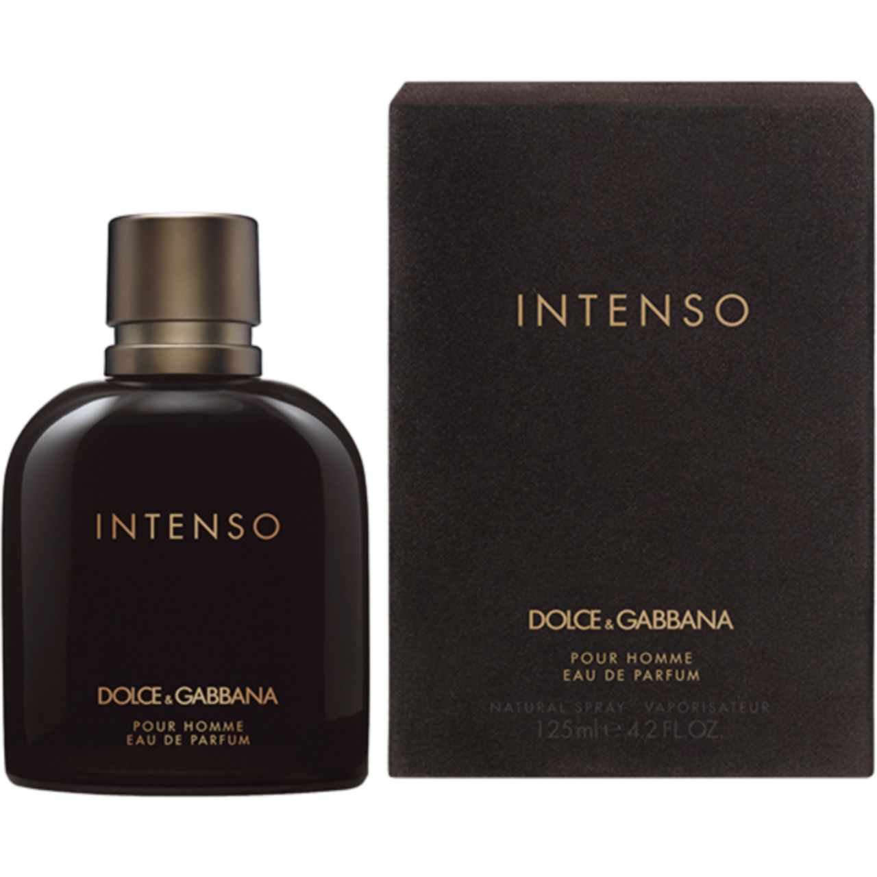 Flacone di profumo e scatola marrone scuro. Scritta 'Intenso' e 'Dolce & Gabbana'.