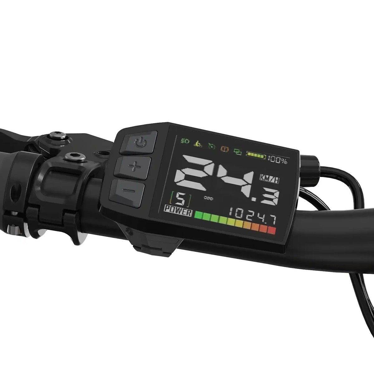 Display digitale sul manubrio. Mostra velocità, livello batteria e altre informazioni. Telaio nero.