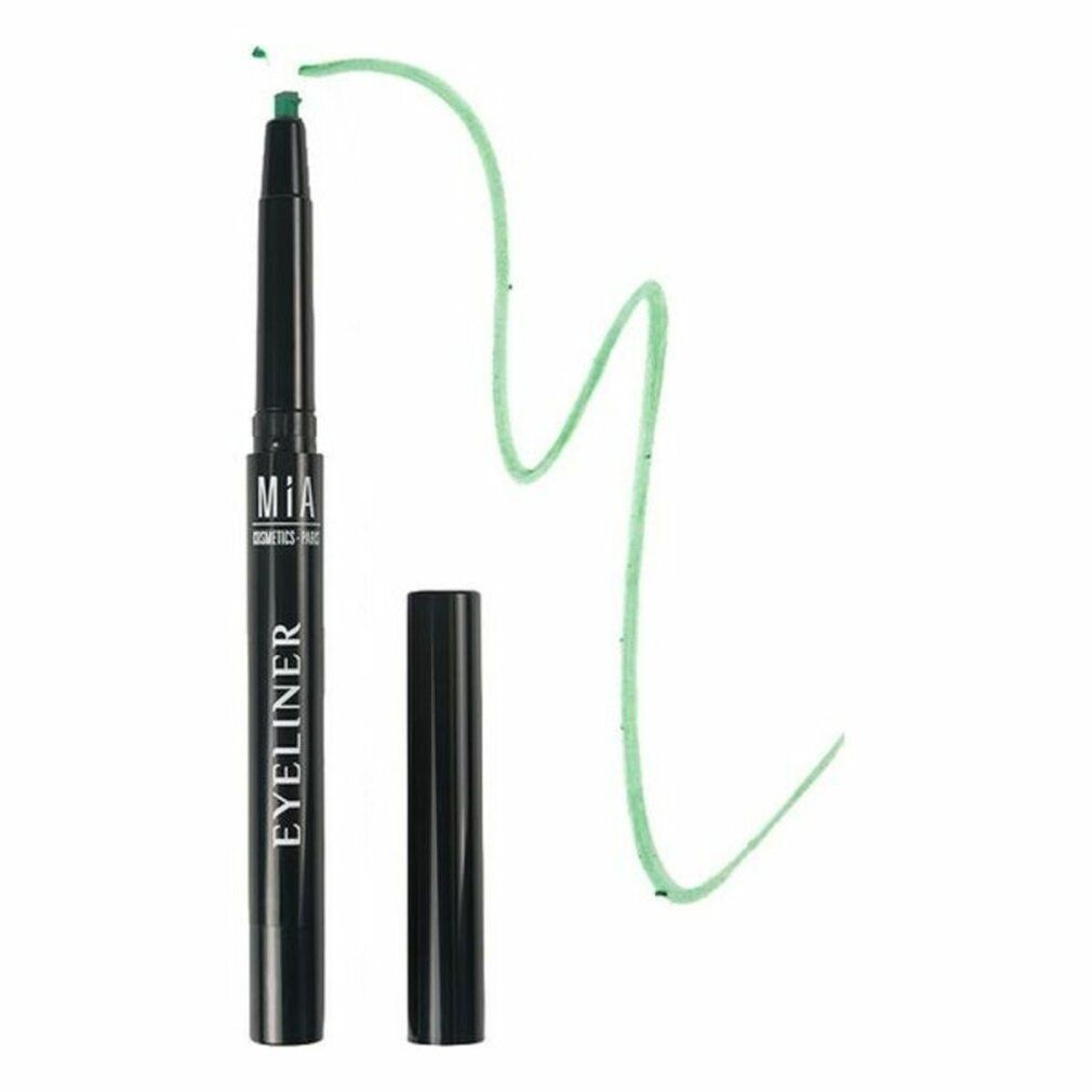 Eyeliner nero mía Cosmetics. Tratto verde-blu accanto. Tappo rimosso.