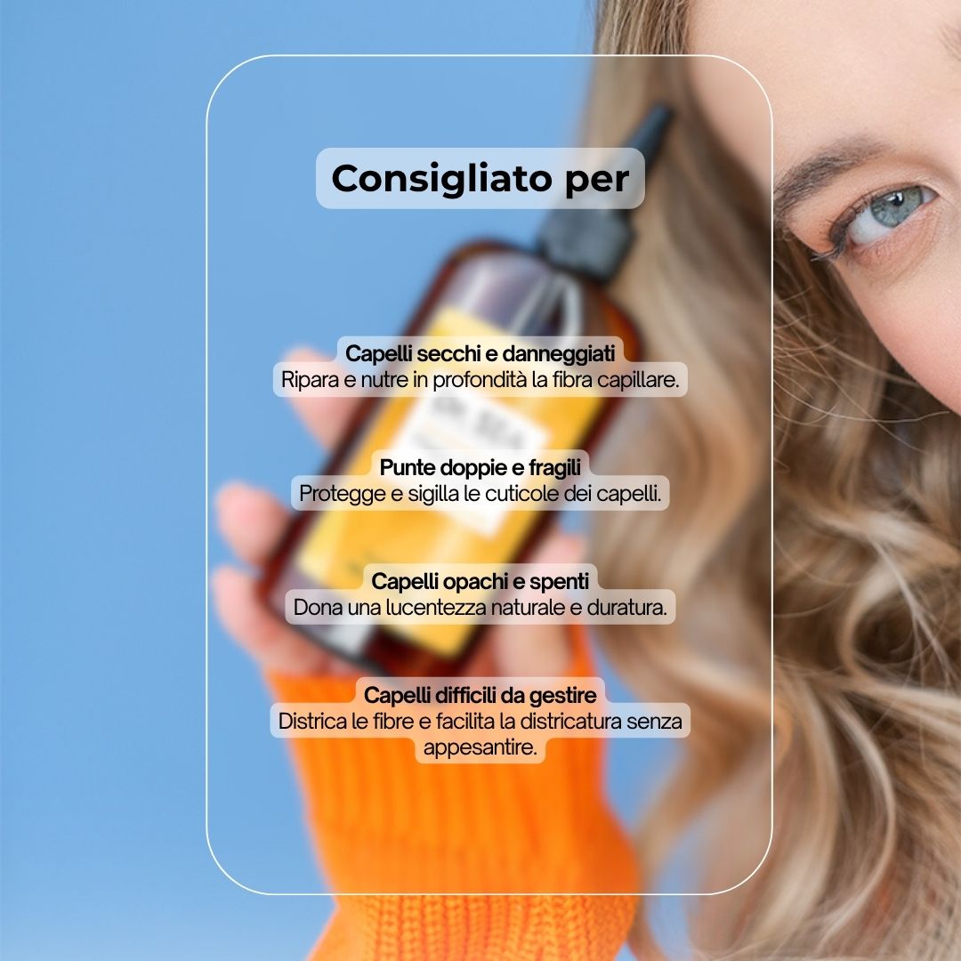 Testo su sfondo trasparente. Testo: Consigliato per: Capelli spenti, secchi e danneggiati, doppie punte, capelli difficili da gestire.
