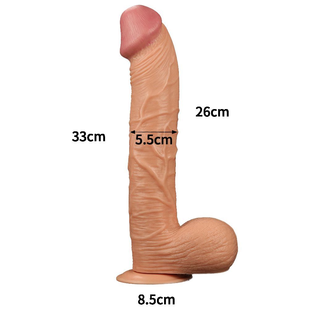 Dildo beige con punta rosa. Dimensioni: 33 cm lungo, 8,5 cm largo, 5,5 cm diametro. Con ventosa.