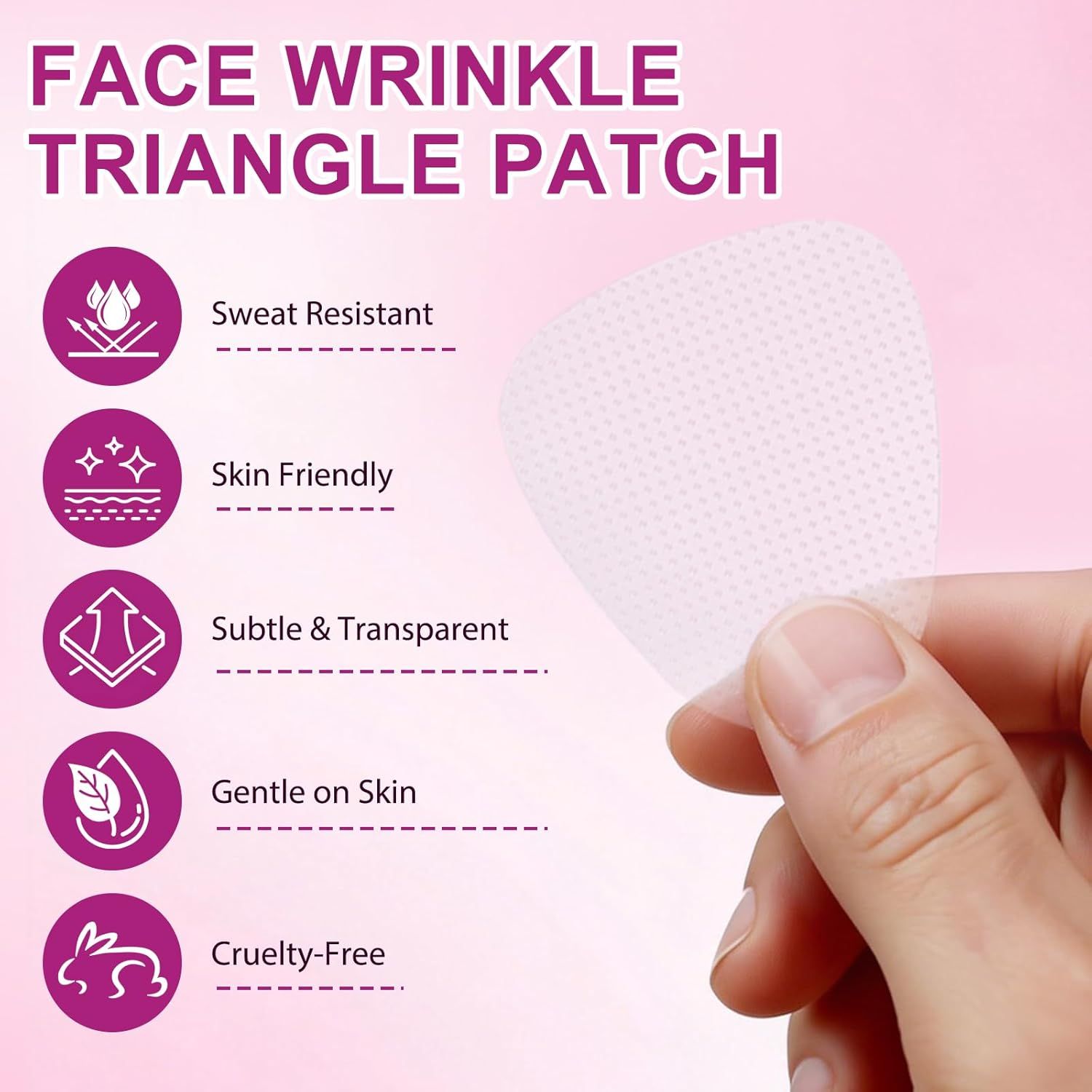 Un singolo cerotto triangolare bianco tenuto in mano. Testo: Face Wrinkle Triangle Patch. Resistente al sudore, delicato sulla pelle.