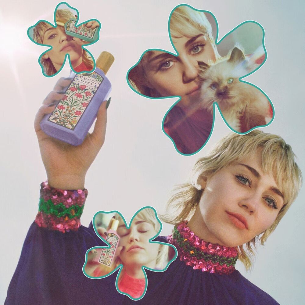 Flacone floreale in mano. Donna con sovrapposizione di fiori. Gucci Flora Gorgeous Magnolia.