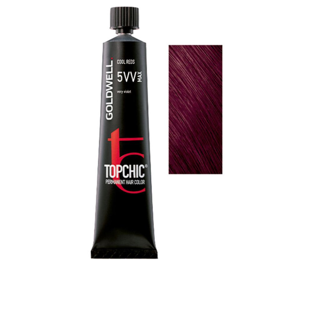 Tubo di tinta per capelli e campione di colore. Scritta: TOPCHIC, 5VV, molto viola. Marchio: Goldwell.