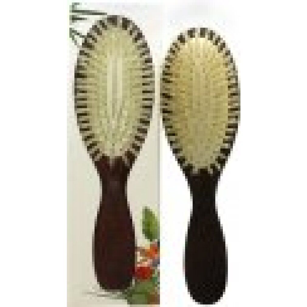 Spazzola per capelli ovale con manico in legno. Setole chiare, cornice scura. Stampa sulla confezione.
