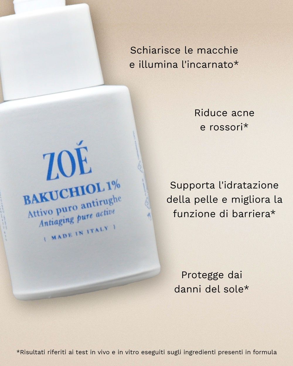 Flacone bianco con contagocce. Scritta: ZOE, BAKUCHIOL 1%, Made in Italy. Testo sui benefici.