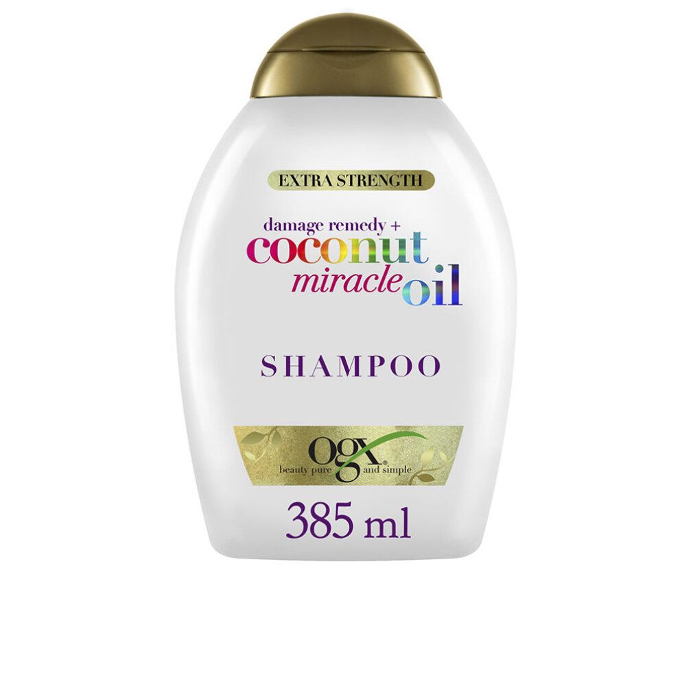 Flacone di shampoo bianco con tappo dorato. Scritta: Coconut Miracle Oil Shampoo. Volume: 385 ml.