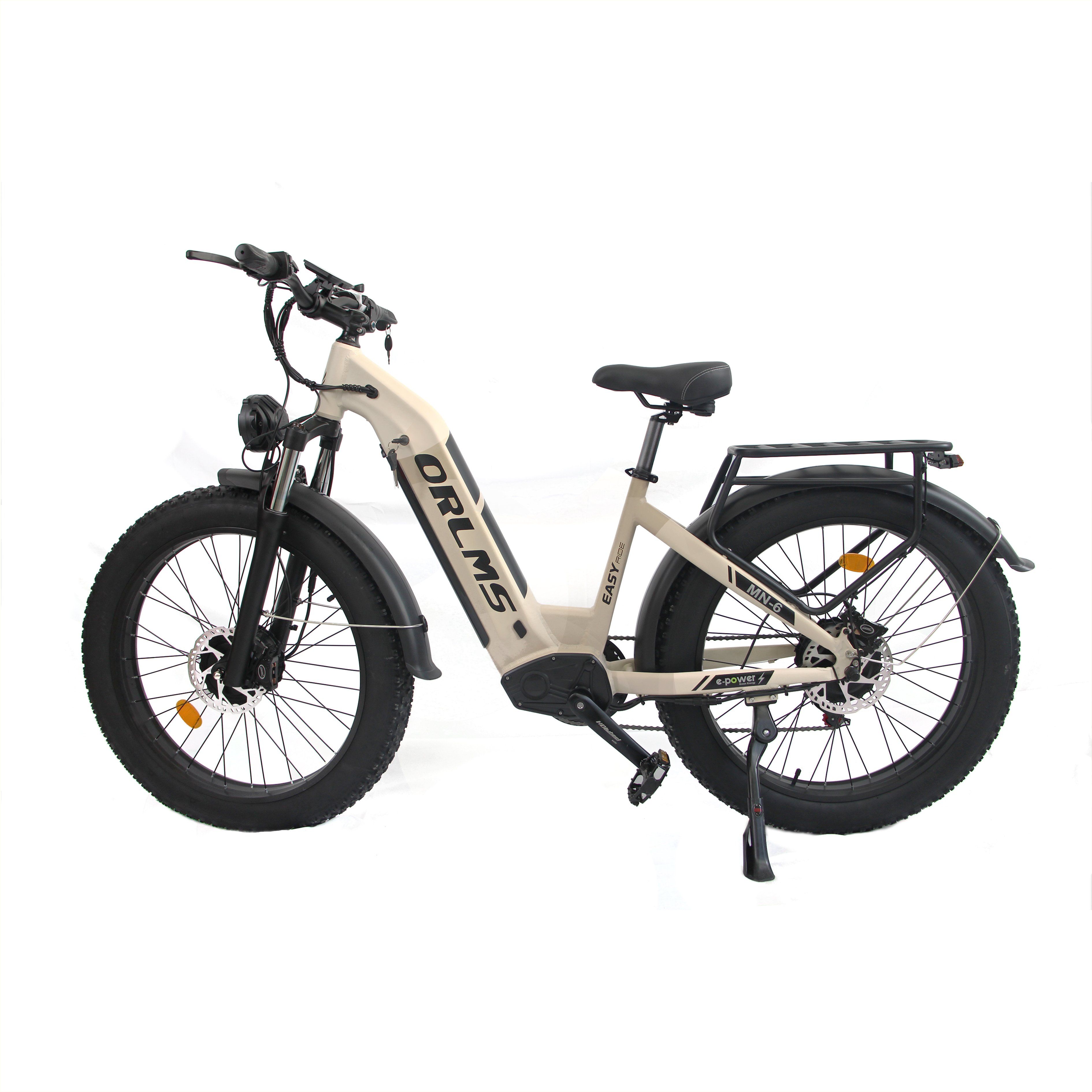 Bicicletta elettrica beige, pneumatici neri. Marchio ORLMS visibile.