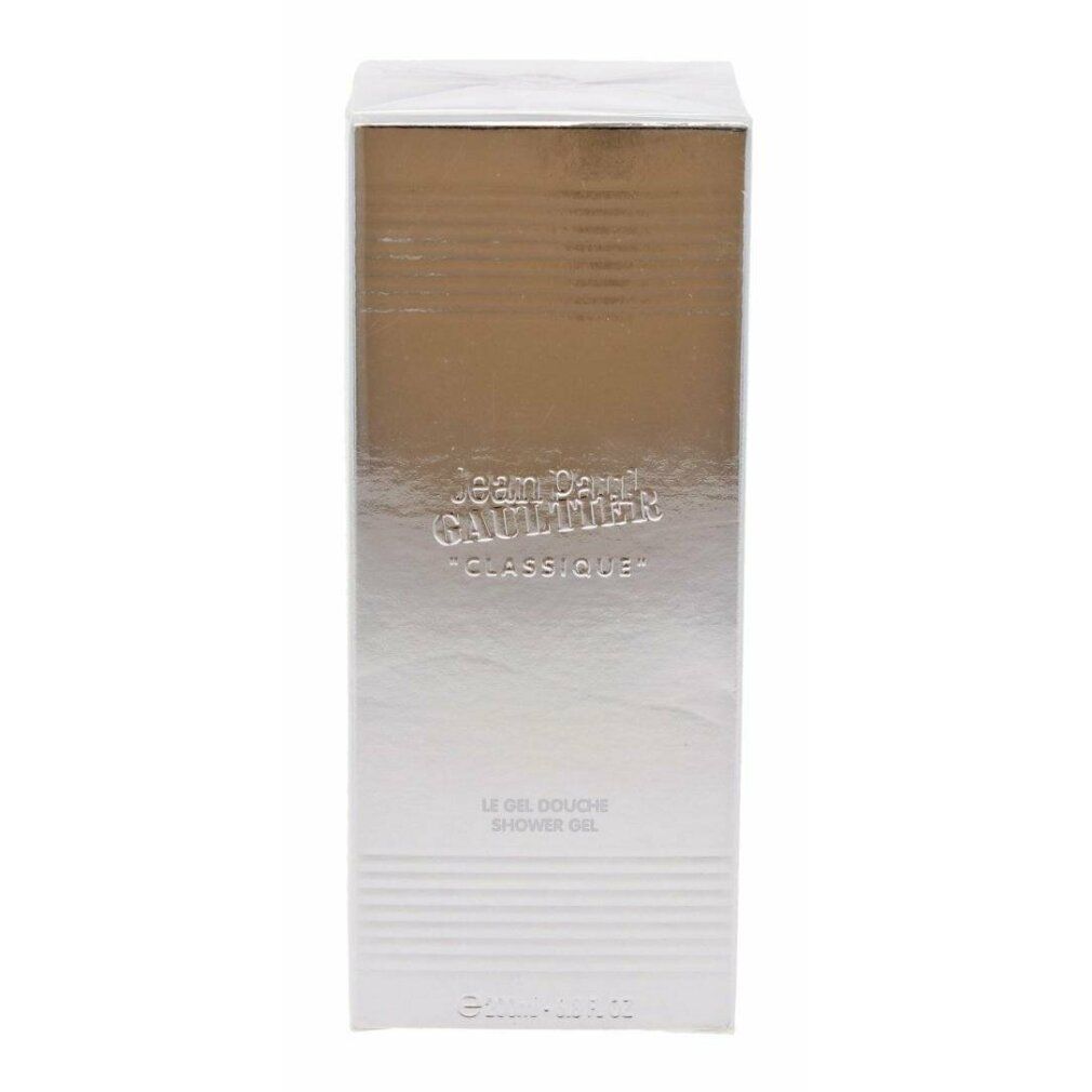 Jean Paul Gaultier Classique Le Gel, confezione argentata con testo. Vista verticale.