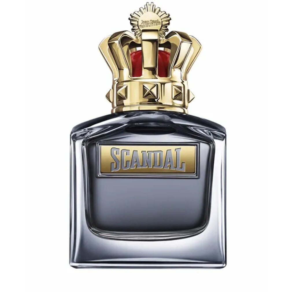 Flacone Jean Paul Gaultier Scandal Him, quadrato, corona dorata. Scritta Scandal.