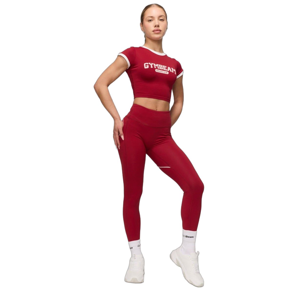 GymBeam Leggings donna Varsity lunghi a vita alta senza tasche rosso con dettaglio posteriore