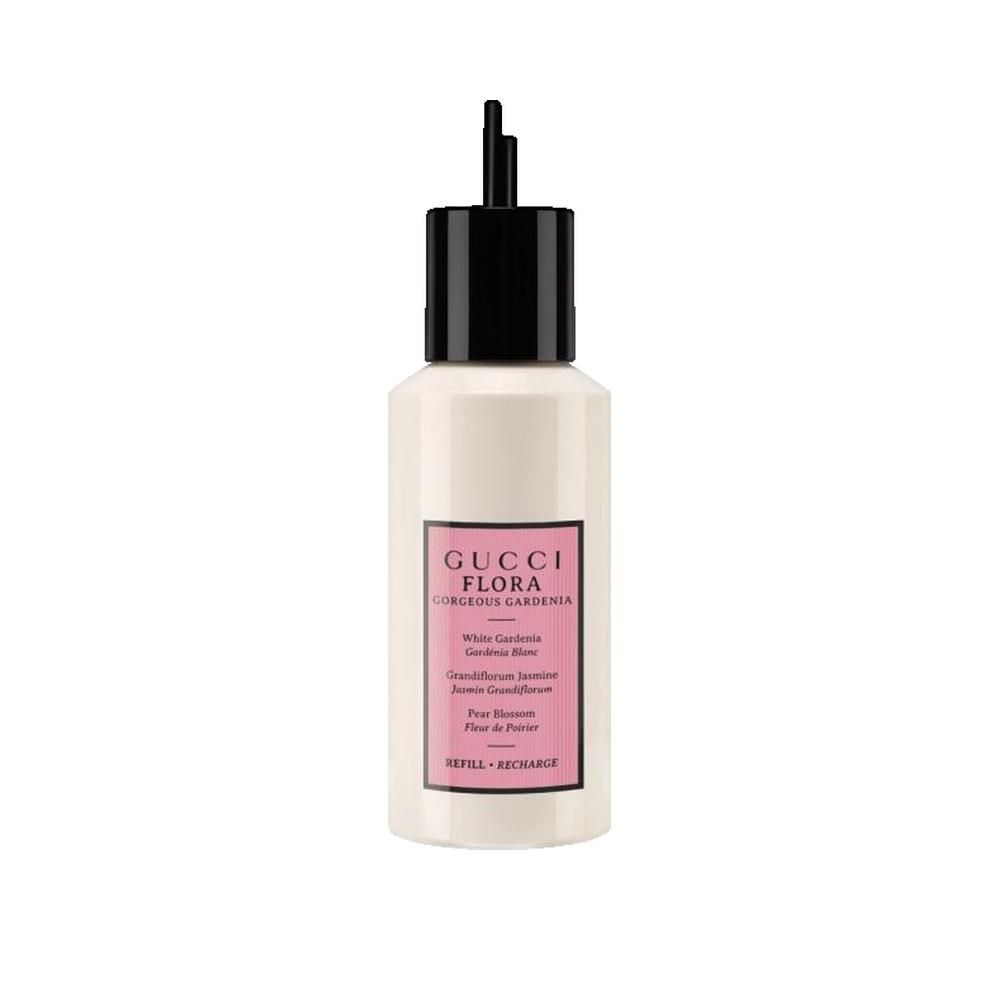 Flacone bianco con tappo nero. Etichetta rosa con nome del prodotto e ingredienti. "REFILL + RECHARGE".