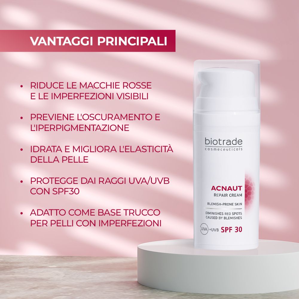 Prodotto su sfondo rosa. Testo: Riduce macchie rosse, previene l'oscuramento, idrata, protegge con SPF30.