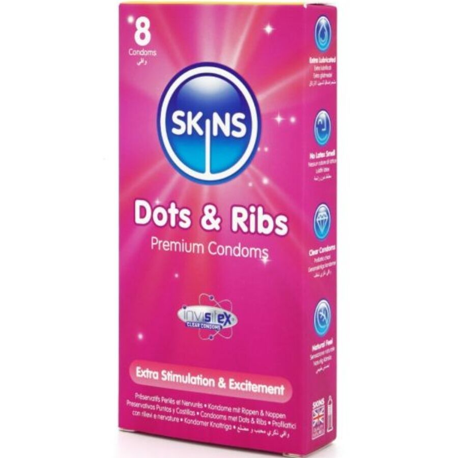 Confezione rosa di preservativi SKINS Dots & Ribs, 8 pezzi. Scritta: Extra Stimulation & Excitement.