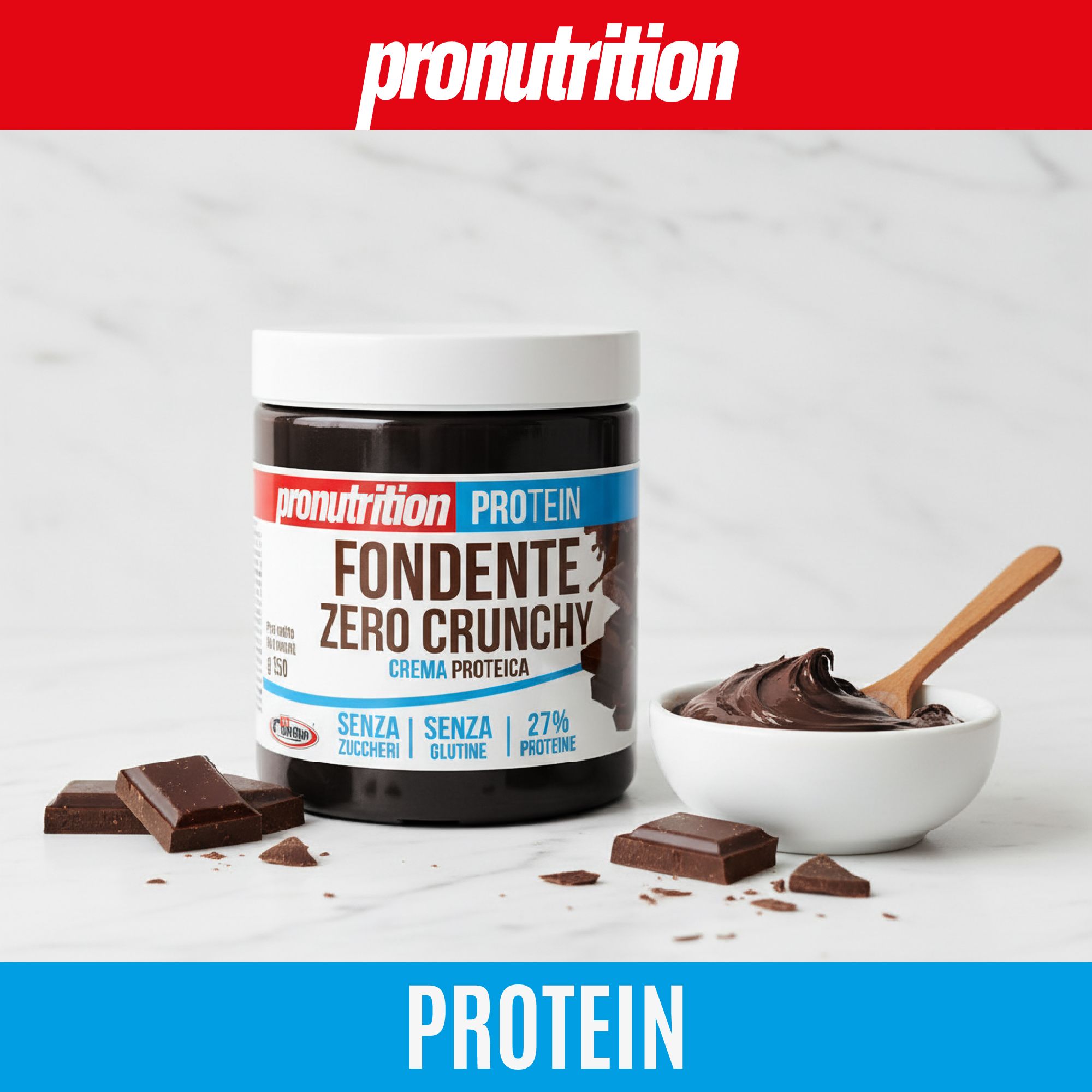 Vasetto di crema scura e pezzi di cioccolato. Scritta: Fondente Zero Crunchy, Crema Proteica. Testo: Senza zucchero, glutine, 27% proteine. Ciotola bianca con crema.