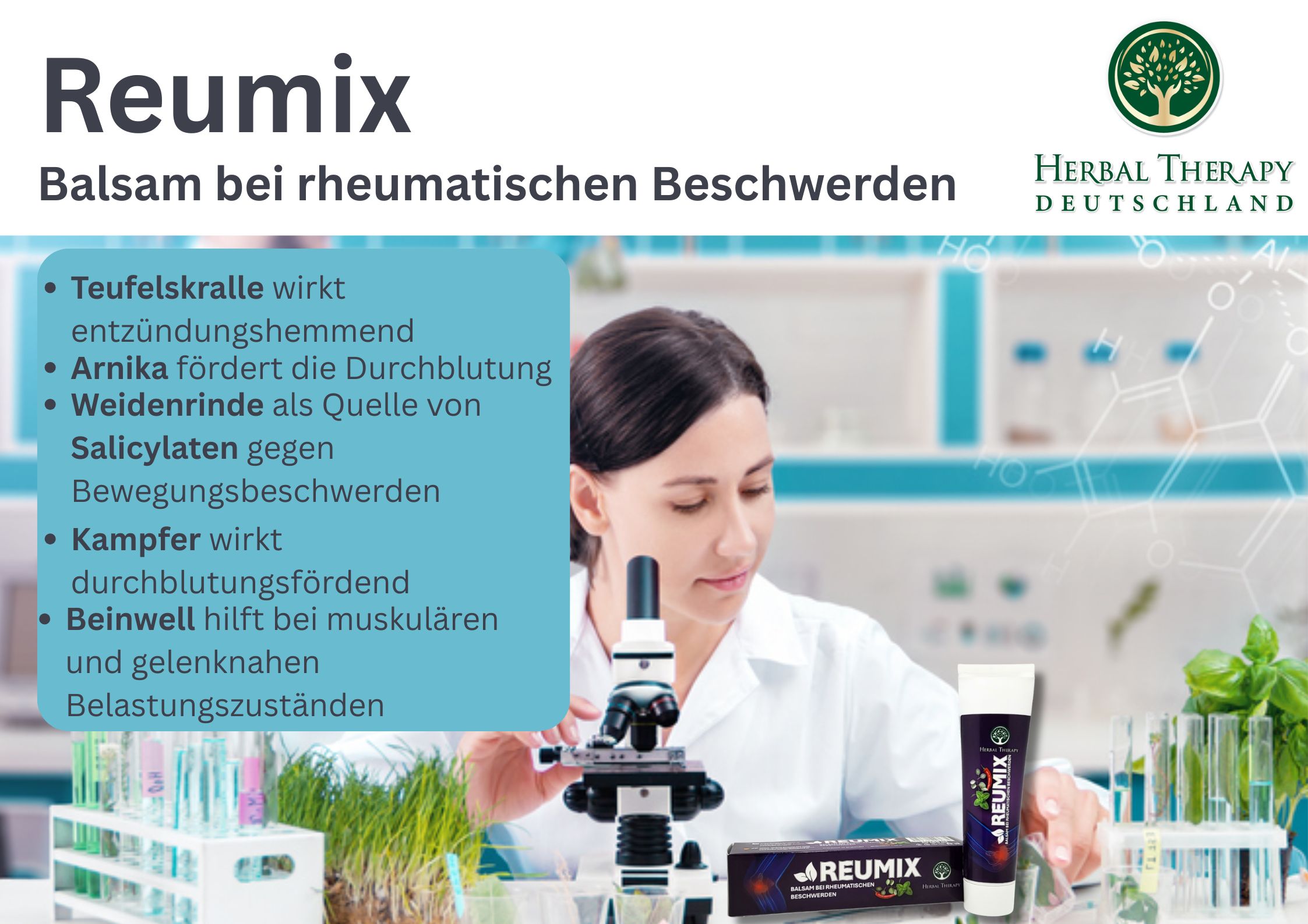 Persona in laboratorio con tubo e confezione. Testo: REUMIX, balsamo per dolori reumatici. Logo Herbal Therapy.
