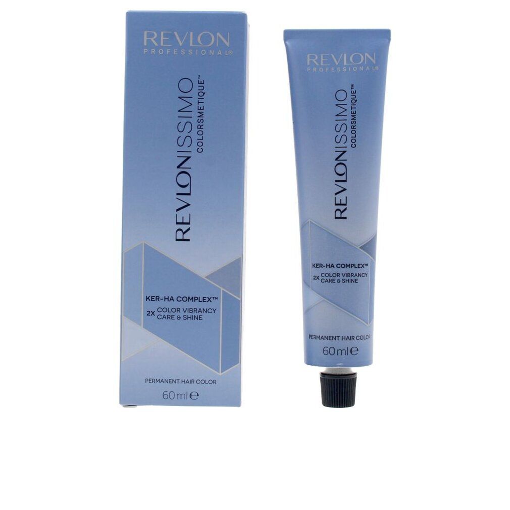 Tubo e confezione di colorante per capelli. Marchio: Revlonissimo Colorsmetique. Testo: KER-HA COMPLEX, 2X CARE & SHINE. Volume: 60ml.