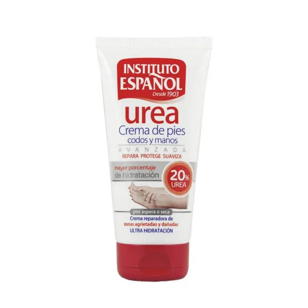 Tubo bianco con tappo rosso. Scritta: Instituto Español Urea, crema per piedi, gomiti e mani. Contiene il 20% di urea.