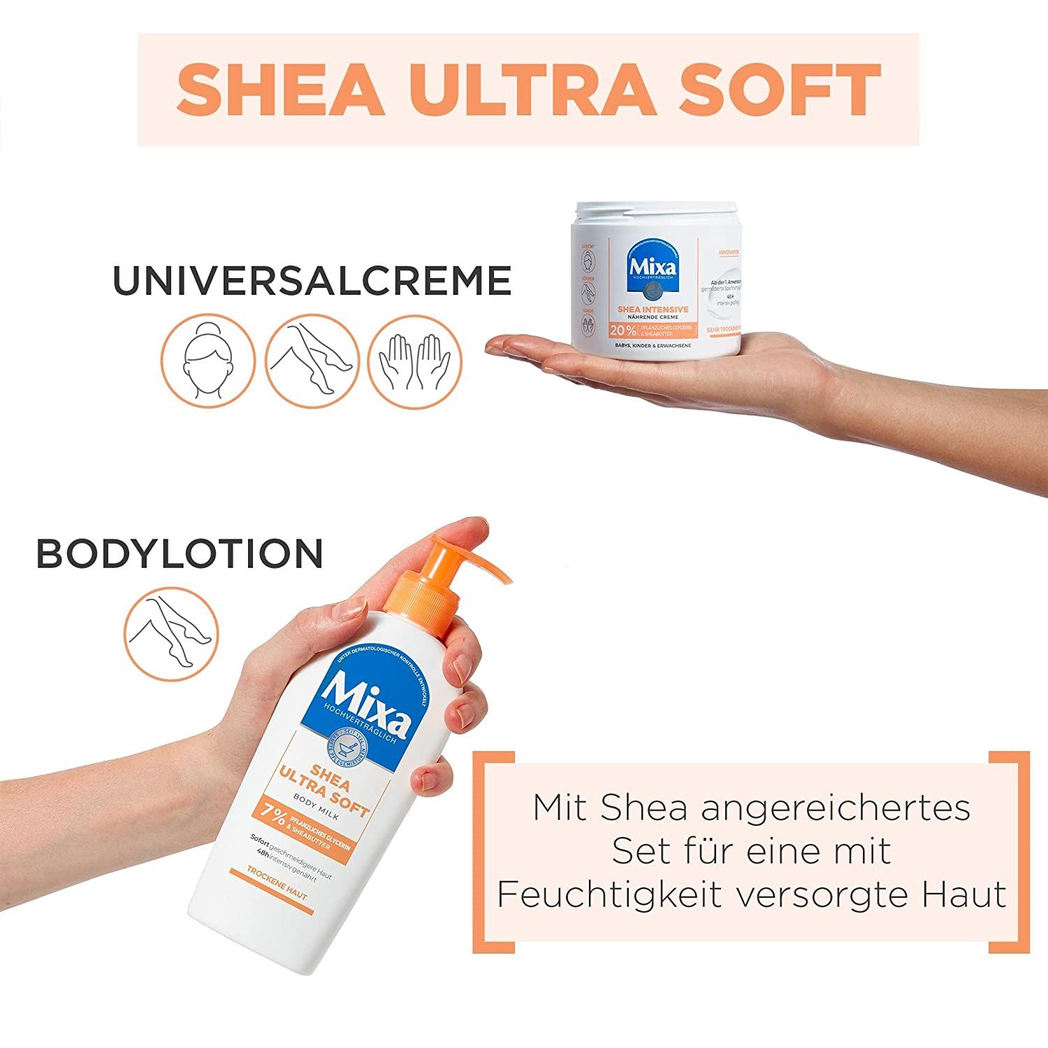 Mani che tengono prodotti Mixa: vaso di crema e lozione corpo. Shea Ultra Soft. Set per pelle idratata.