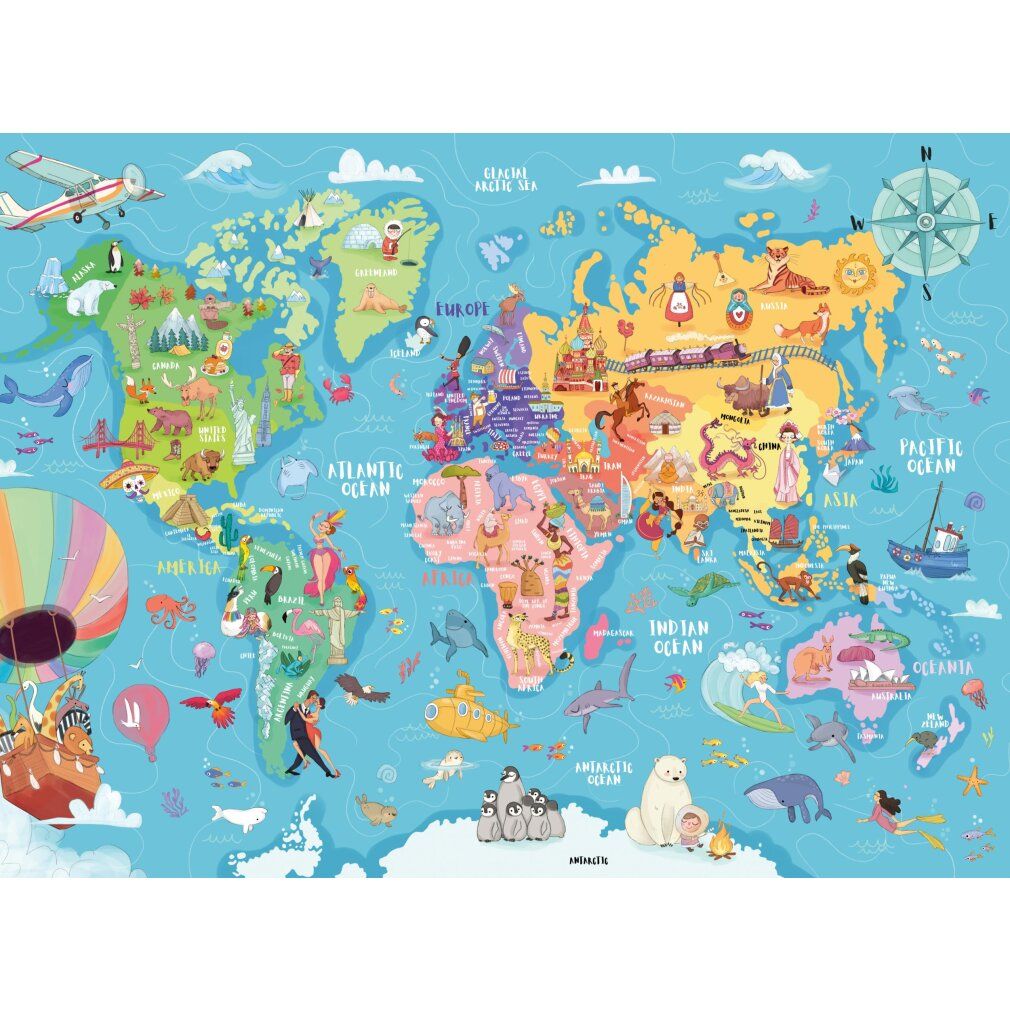 Puzzle mappa del mondo con illustrazioni di animali e monumenti. Oceani e continenti colorati. Puzzle da 100 pezzi.
