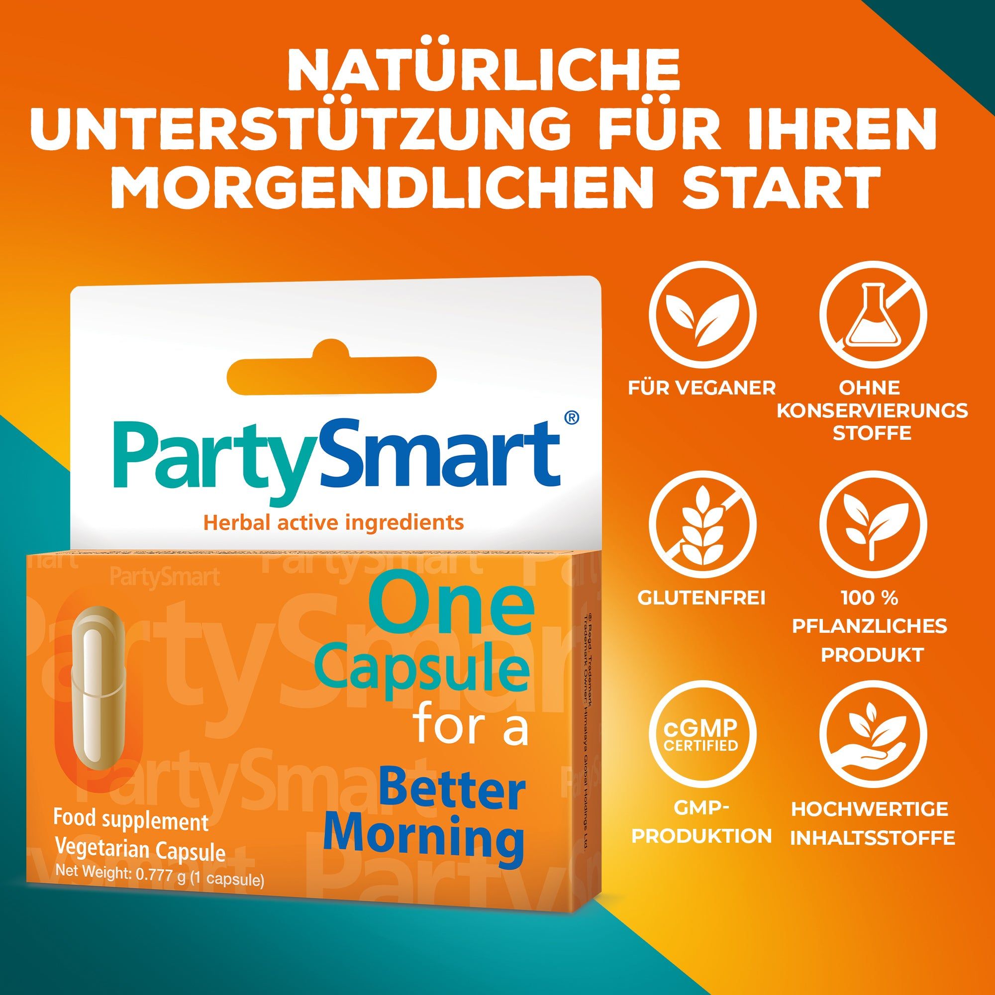Confezione di capsule Party Smart con scritta 'One Capsule for a Better Morning'. Contiene capsule vegetariane.