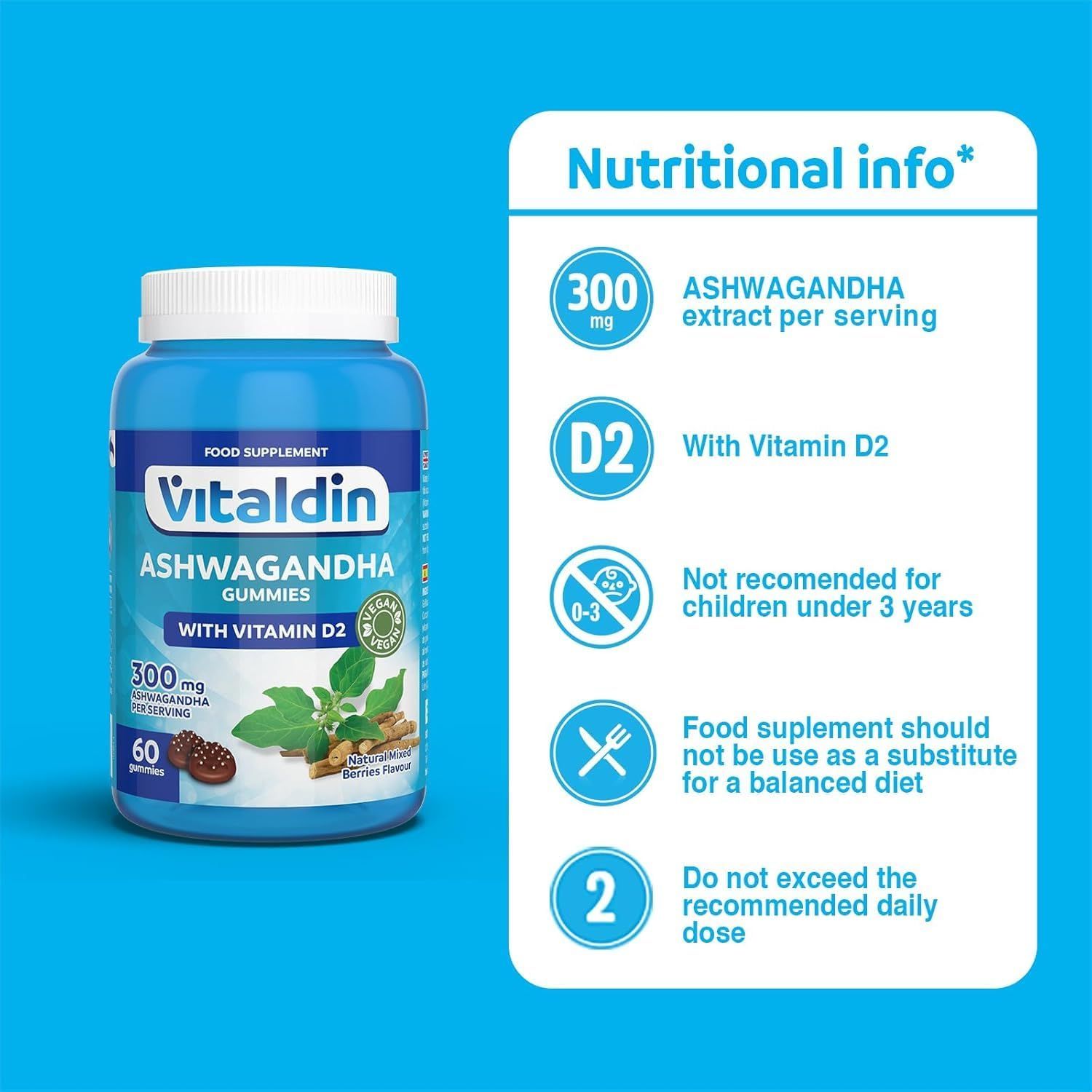 Bottiglia blu VITALDIN Ashwagandha Gummies con coperchio bianco. Testo: 300mg, 60 Gummies. Scritta: Non adatto a bambini sotto i 3 anni.